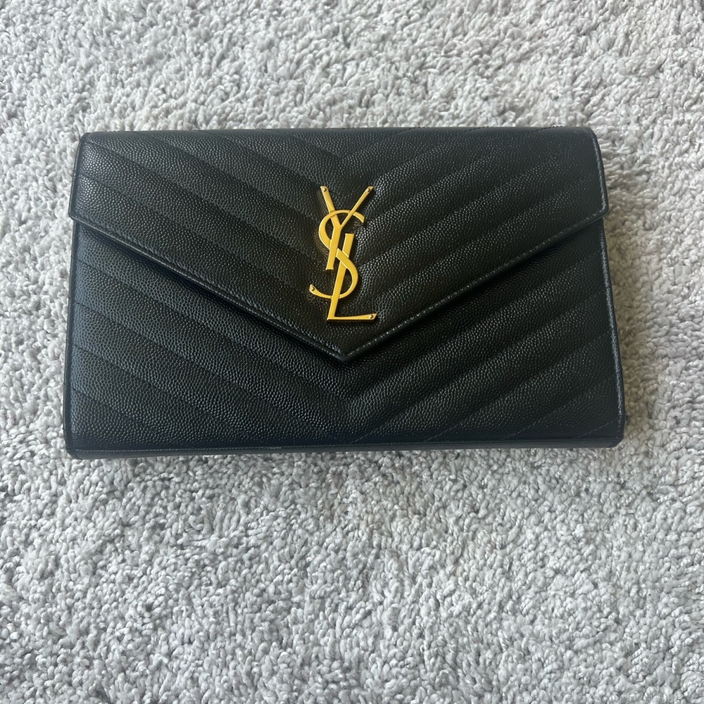Yves Saint Laurent Black Chevron Clutch with Gold Logo